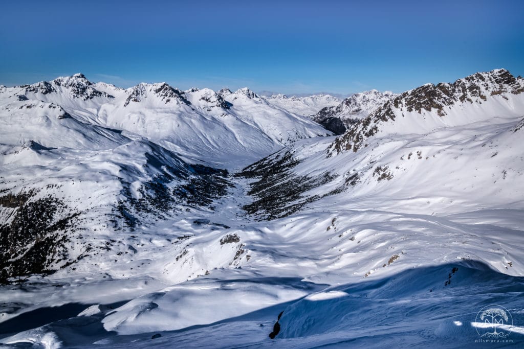 On snowshoes in Switzerland: View from Muntet Mountain